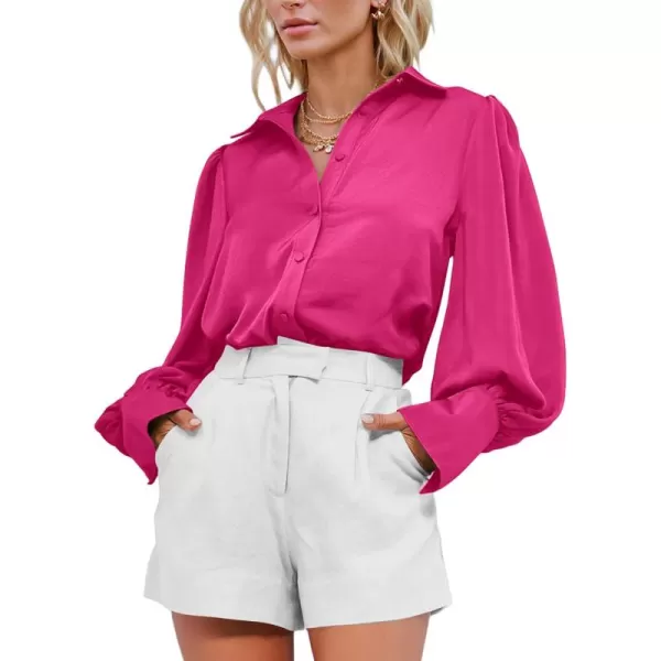 BTFBM Women Satin Button Down Shirts Summer Fall Lantern Long Sleeve Lapel V Neck Blouse Loose Casual Office Work TopsSolid Rose Red