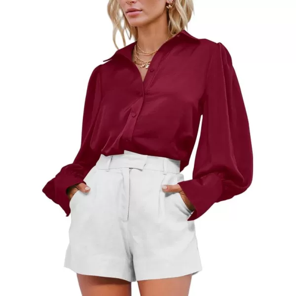 BTFBM Women Satin Button Down Shirts Summer Fall Lantern Long Sleeve Lapel V Neck Blouse Loose Casual Office Work TopsSolid Wine Red