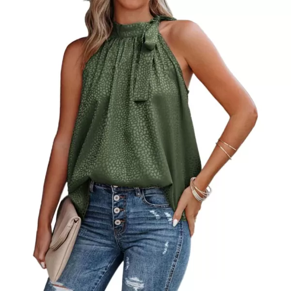 BTFBM Women Sleeveless Tie Mock Neck Summer Tops Loose Casual Side Bow Satin Halter Tank Top Blouse ShirtsHalter Army Green