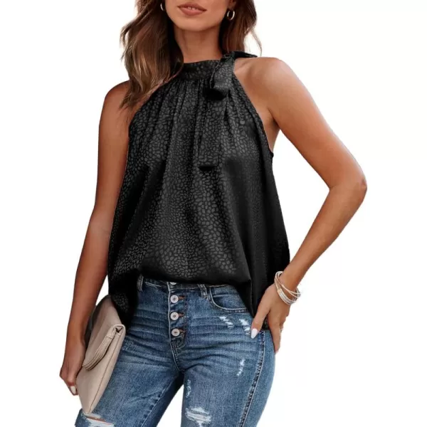 BTFBM Women Sleeveless Tie Mock Neck Summer Tops Loose Casual Side Bow Satin Halter Tank Top Blouse ShirtsHalter Black