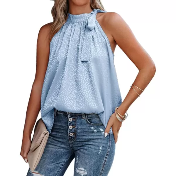 BTFBM Women Sleeveless Tie Mock Neck Summer Tops Loose Casual Side Bow Satin Halter Tank Top Blouse ShirtsHalter Light Blue