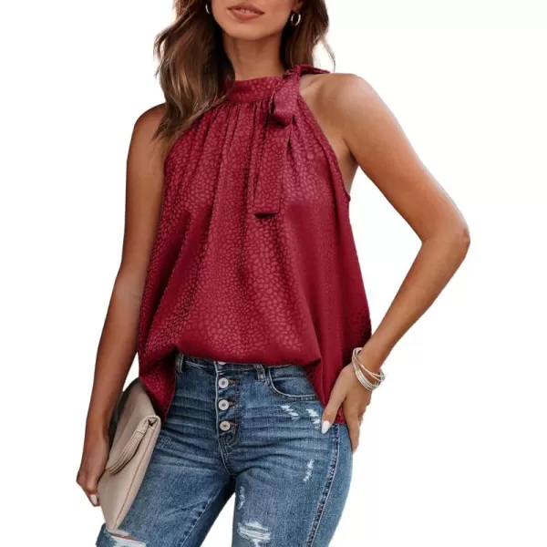 BTFBM Women Sleeveless Tie Mock Neck Summer Tops Loose Casual Side Bow Satin Halter Tank Top Blouse ShirtsHalter Wine Red