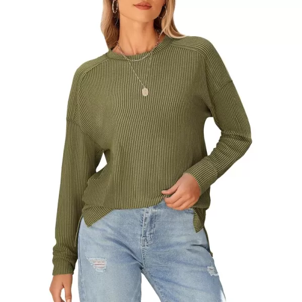 BTFBM Womens Casual Pullover Tops Dressy Fall Clothes Crew Neck Long Sleeve Side Slit Loose Drop Shoulder Knit BlouseArmy Green