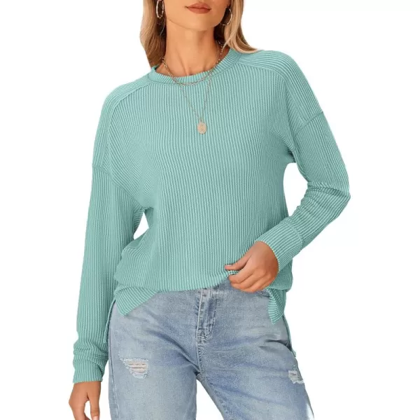 BTFBM Womens Casual Pullover Tops Dressy Fall Clothes Crew Neck Long Sleeve Side Slit Loose Drop Shoulder Knit BlouseBean Green