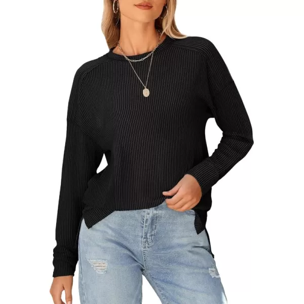 BTFBM Womens Casual Pullover Tops Dressy Fall Clothes Crew Neck Long Sleeve Side Slit Loose Drop Shoulder Knit BlouseBlack