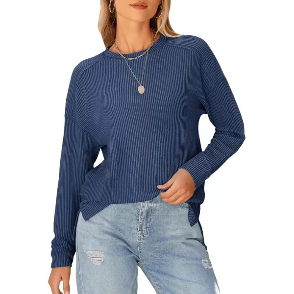 BTFBM Womens Casual Pullover Tops Dressy Fall Clothes Crew Neck Long Sleeve Side Slit Loose Drop Shoulder Knit BlouseDark Blue