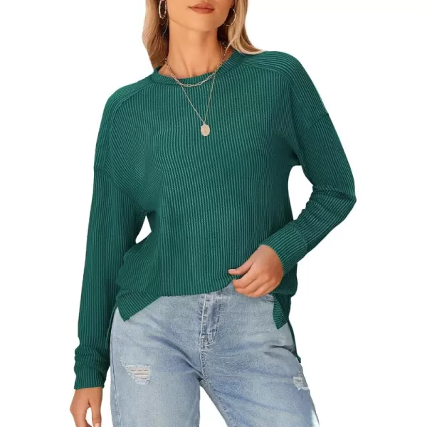 BTFBM Womens Casual Pullover Tops Dressy Fall Clothes Crew Neck Long Sleeve Side Slit Loose Drop Shoulder Knit BlouseDark Green