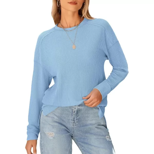 BTFBM Womens Casual Pullover Tops Dressy Fall Clothes Crew Neck Long Sleeve Side Slit Loose Drop Shoulder Knit BlouseLight Blue