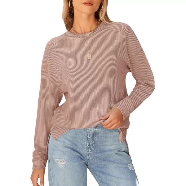BTFBM Womens Casual Pullover Tops Dressy Fall Clothes Crew Neck Long Sleeve Side Slit Loose Drop Shoulder Knit BlouseLight Khaki