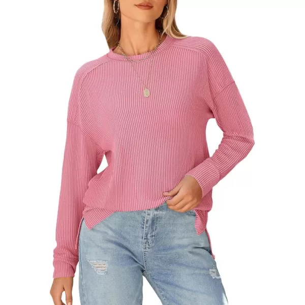 BTFBM Womens Casual Pullover Tops Dressy Fall Clothes Crew Neck Long Sleeve Side Slit Loose Drop Shoulder Knit BlousePink