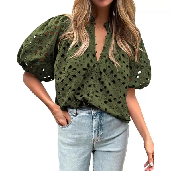 BTFBM Womens Casual Summer Blouse Tops Hollow Out Eyelet Embroidery V Neck Buttons Puff Short Sleeve Dressy Boho ShirtSolid Army Green