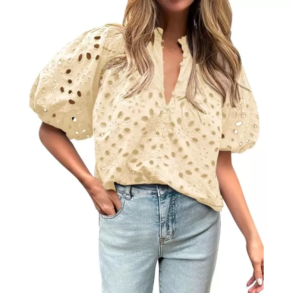 BTFBM Womens Casual Summer Blouse Tops Hollow Out Eyelet Embroidery V Neck Buttons Puff Short Sleeve Dressy Boho ShirtSolid Beige
