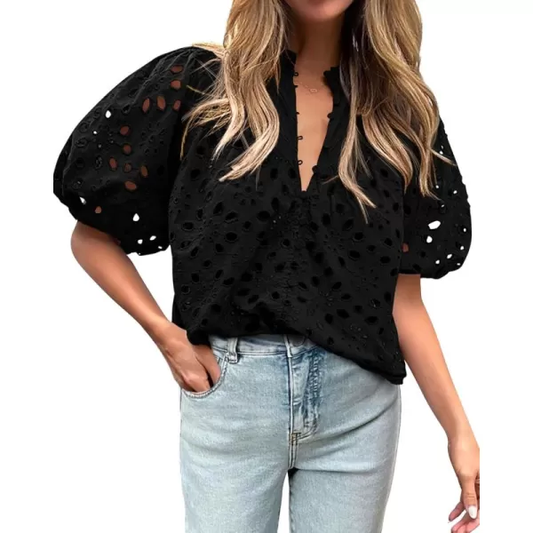 BTFBM Womens Casual Summer Blouse Tops Hollow Out Eyelet Embroidery V Neck Buttons Puff Short Sleeve Dressy Boho ShirtSolid Black