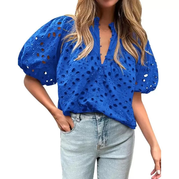 BTFBM Womens Casual Summer Blouse Tops Hollow Out Eyelet Embroidery V Neck Buttons Puff Short Sleeve Dressy Boho ShirtSolid Blue