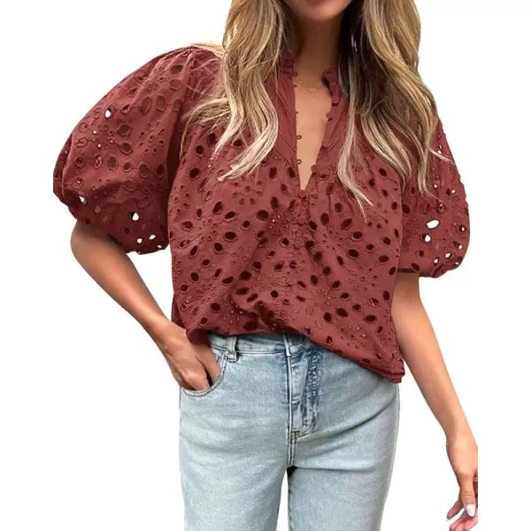BTFBM Womens Casual Summer Blouse Tops Hollow Out Eyelet Embroidery V Neck Buttons Puff Short Sleeve Dressy Boho ShirtSolid Brown Red