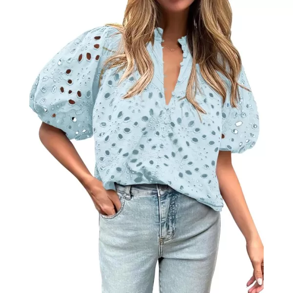 BTFBM Womens Casual Summer Blouse Tops Hollow Out Eyelet Embroidery V Neck Buttons Puff Short Sleeve Dressy Boho ShirtSolid Light Blue