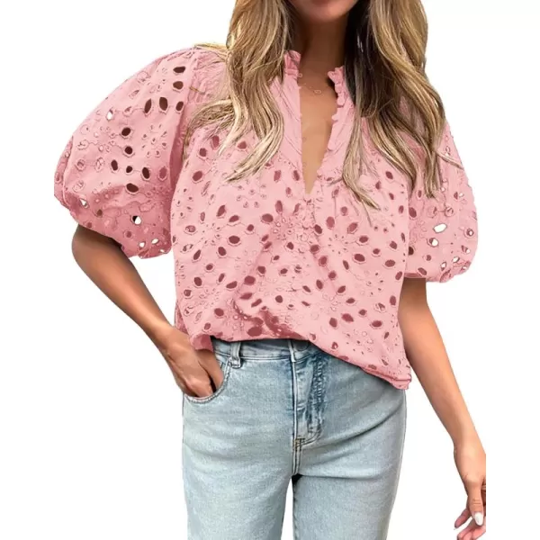 BTFBM Womens Casual Summer Blouse Tops Hollow Out Eyelet Embroidery V Neck Buttons Puff Short Sleeve Dressy Boho ShirtSolid Pink