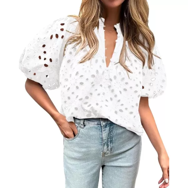 BTFBM Womens Casual Summer Blouse Tops Hollow Out Eyelet Embroidery V Neck Buttons Puff Short Sleeve Dressy Boho ShirtSolid White