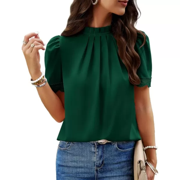 BTFBM Womens Dressy Casual Blouses Business Work Tops Lace Trim Short Sleeve Office Shirts 2024 Summer Spring OutfitsSolid Dark Green