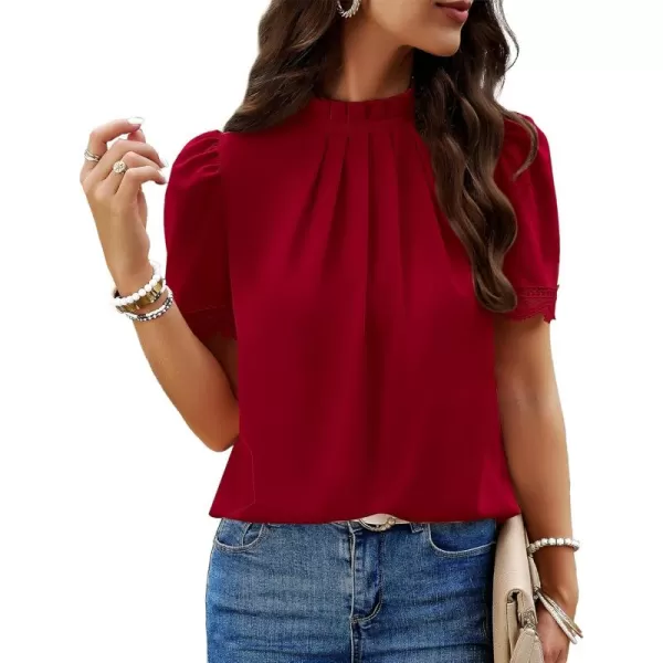 BTFBM Womens Dressy Casual Blouses Business Work Tops Lace Trim Short Sleeve Office Shirts 2024 Summer Spring OutfitsSolid Red