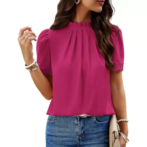 BTFBM Womens Dressy Casual Blouses Business Work Tops Lace Trim Short Sleeve Office Shirts 2024 Summer Spring OutfitsSolid Rose Red
