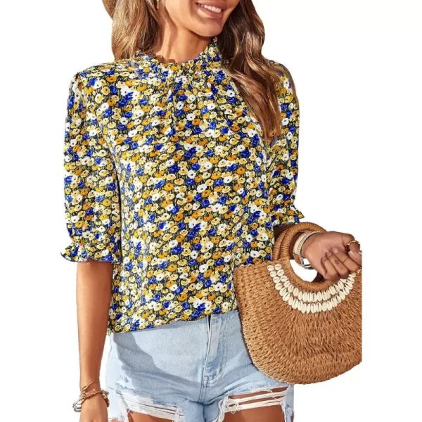 BTFBM Womens Summer Boho Shirt Top Ruffle Short Sleeve Frill Trim Mock Neck Floral Solid 2024 Casual Blouses Shirts TopsFloral Black