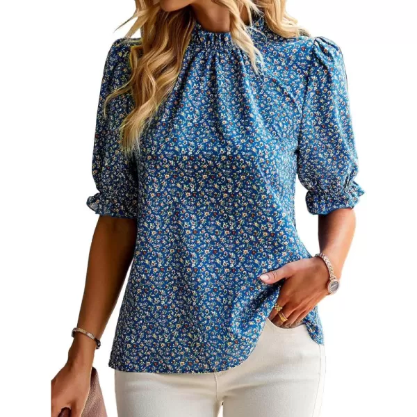 BTFBM Womens Summer Boho Shirt Top Ruffle Short Sleeve Frill Trim Mock Neck Floral Solid 2024 Casual Blouses Shirts TopsFloral Blue