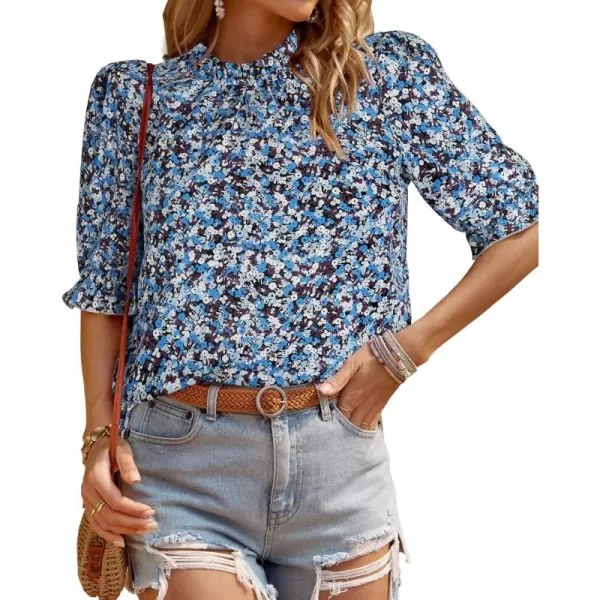 BTFBM Womens Summer Boho Shirt Top Ruffle Short Sleeve Frill Trim Mock Neck Floral Solid 2024 Casual Blouses Shirts TopsFloral Blue White