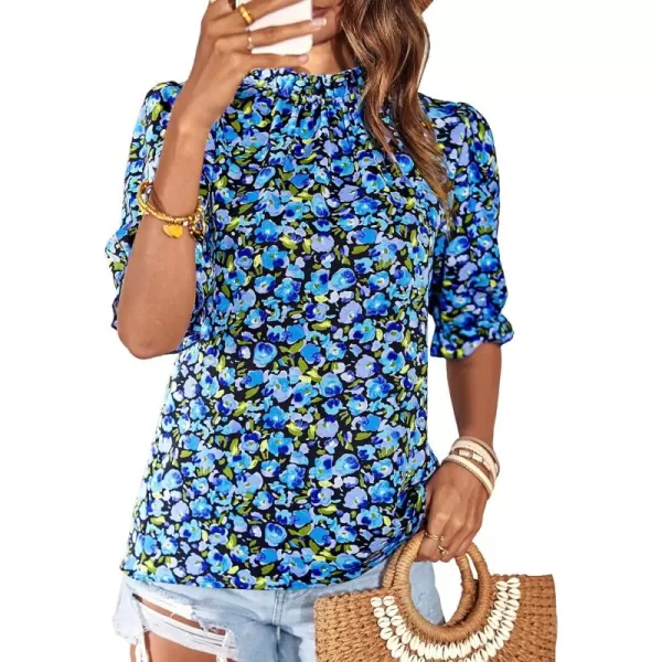 BTFBM Womens Summer Boho Shirt Top Ruffle Short Sleeve Frill Trim Mock Neck Floral Solid 2024 Casual Blouses Shirts TopsFloral Bright Blue