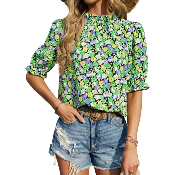 BTFBM Womens Summer Boho Shirt Top Ruffle Short Sleeve Frill Trim Mock Neck Floral Solid 2024 Casual Blouses Shirts TopsFloral Green Black
