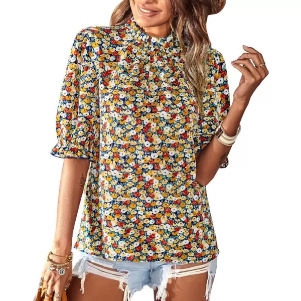 BTFBM Womens Summer Boho Shirt Top Ruffle Short Sleeve Frill Trim Mock Neck Floral Solid 2024 Casual Blouses Shirts TopsFloral Navy