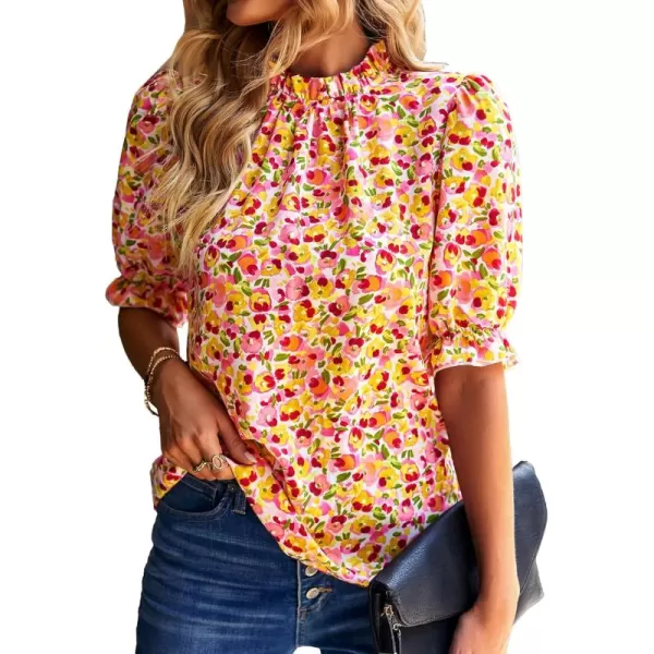 BTFBM Womens Summer Boho Shirt Top Ruffle Short Sleeve Frill Trim Mock Neck Floral Solid 2024 Casual Blouses Shirts TopsFloral Pink