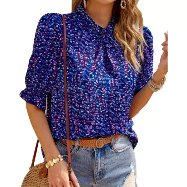 BTFBM Womens Summer Boho Shirt Top Ruffle Short Sleeve Frill Trim Mock Neck Floral Solid 2024 Casual Blouses Shirts TopsFloral Purple Blue