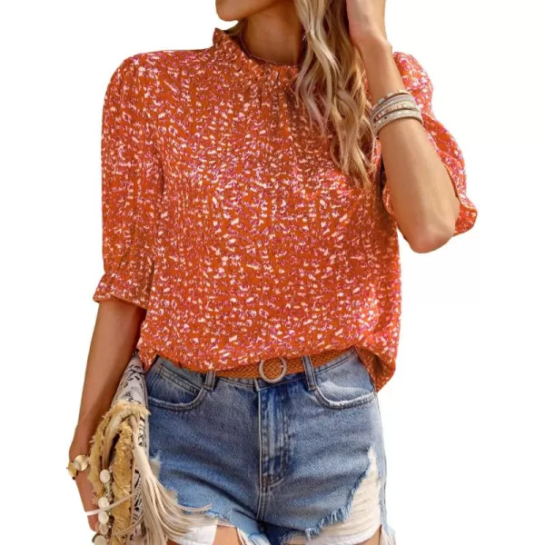 BTFBM Womens Summer Boho Shirt Top Ruffle Short Sleeve Frill Trim Mock Neck Floral Solid 2024 Casual Blouses Shirts TopsFloral Red Orange