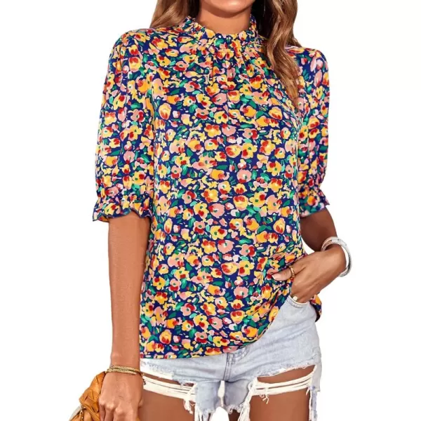 BTFBM Womens Summer Boho Shirt Top Ruffle Short Sleeve Frill Trim Mock Neck Floral Solid 2024 Casual Blouses Shirts TopsFloral Royal Blue