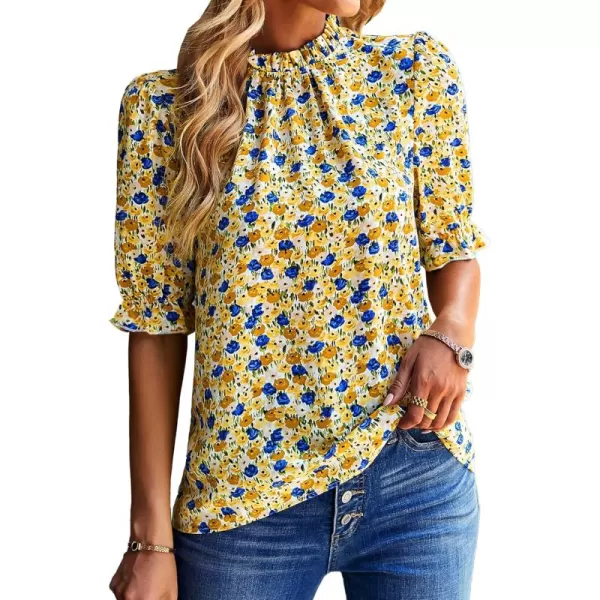 BTFBM Womens Summer Boho Shirt Top Ruffle Short Sleeve Frill Trim Mock Neck Floral Solid 2024 Casual Blouses Shirts TopsFloral Yellow