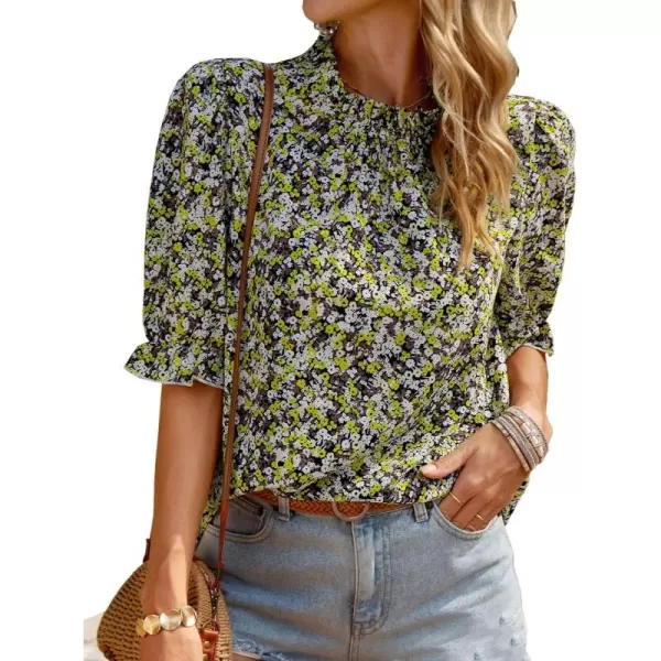 BTFBM Womens Summer Boho Shirt Top Ruffle Short Sleeve Frill Trim Mock Neck Floral Solid 2024 Casual Blouses Shirts TopsFloral Yellow White