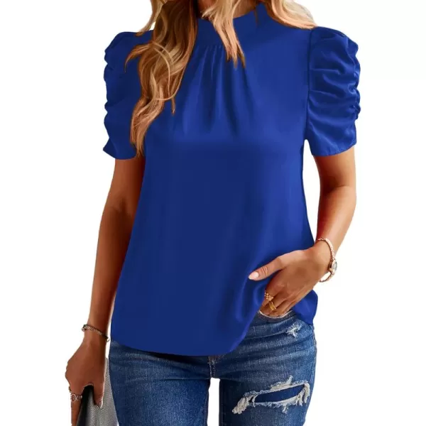 BTFBM Womens Summer Boho Shirt Top Ruffle Short Sleeve Frill Trim Mock Neck Floral Solid 2024 Casual Blouses Shirts TopsSolid Blue