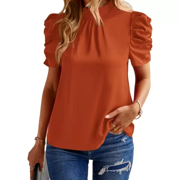 BTFBM Womens Summer Boho Shirt Top Ruffle Short Sleeve Frill Trim Mock Neck Floral Solid 2024 Casual Blouses Shirts TopsSolid Brick Red