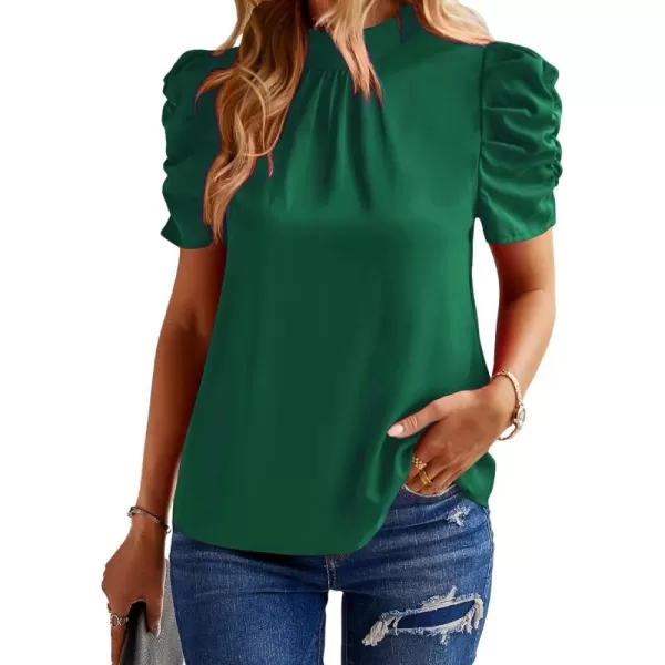 BTFBM Womens Summer Boho Shirt Top Ruffle Short Sleeve Frill Trim Mock Neck Floral Solid 2024 Casual Blouses Shirts TopsSolid Dark Green