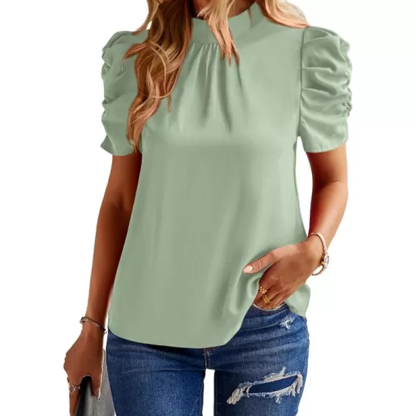 BTFBM Womens Summer Boho Shirt Top Ruffle Short Sleeve Frill Trim Mock Neck Floral Solid 2024 Casual Blouses Shirts TopsSolid Light Green