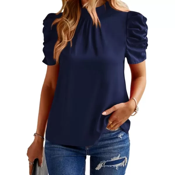 BTFBM Womens Summer Boho Shirt Top Ruffle Short Sleeve Frill Trim Mock Neck Floral Solid 2024 Casual Blouses Shirts TopsSolid Navy