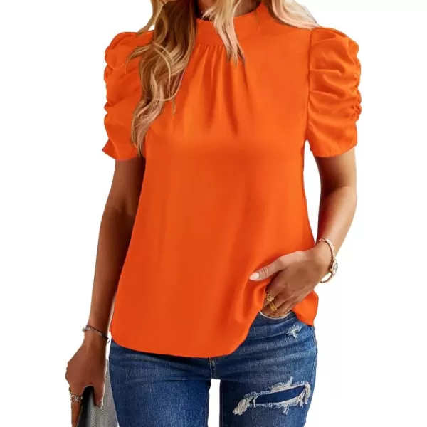 BTFBM Womens Summer Boho Shirt Top Ruffle Short Sleeve Frill Trim Mock Neck Floral Solid 2024 Casual Blouses Shirts TopsSolid Orange