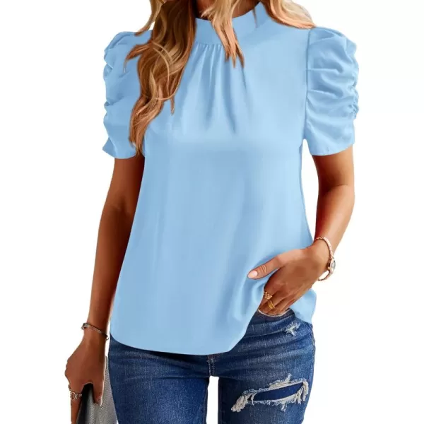 BTFBM Womens Summer Boho Shirt Top Ruffle Short Sleeve Frill Trim Mock Neck Floral Solid 2024 Casual Blouses Shirts TopsSolid Sky Blue