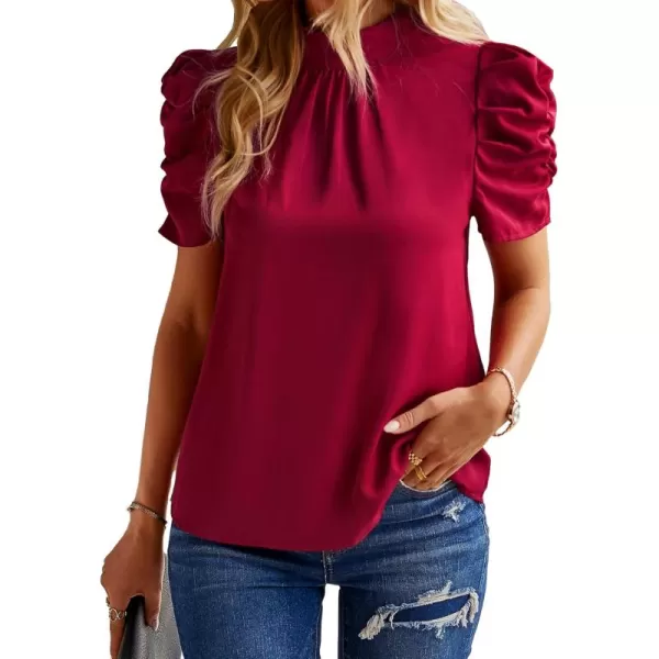 BTFBM Womens Summer Boho Shirt Top Ruffle Short Sleeve Frill Trim Mock Neck Floral Solid 2024 Casual Blouses Shirts TopsSolid Wine Red