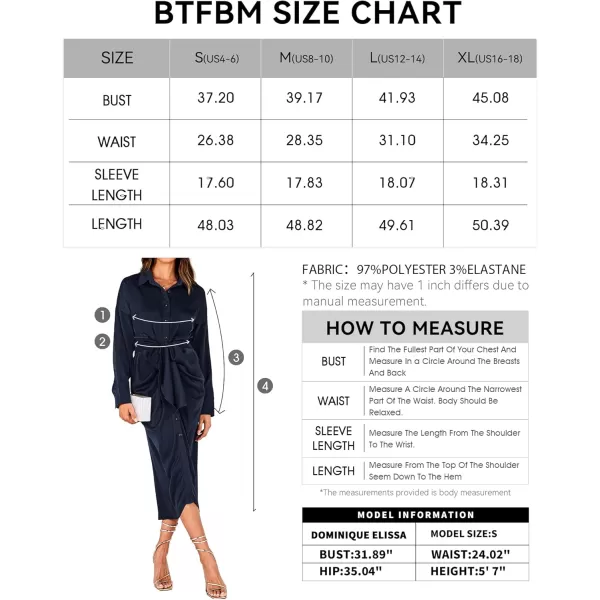 BTFBM Women Long Sleeve Satin Dress 2024 Summer Fall Lapel V Neck Button Down Belted Elegant Ruched Maxi Shirt DressesNavy