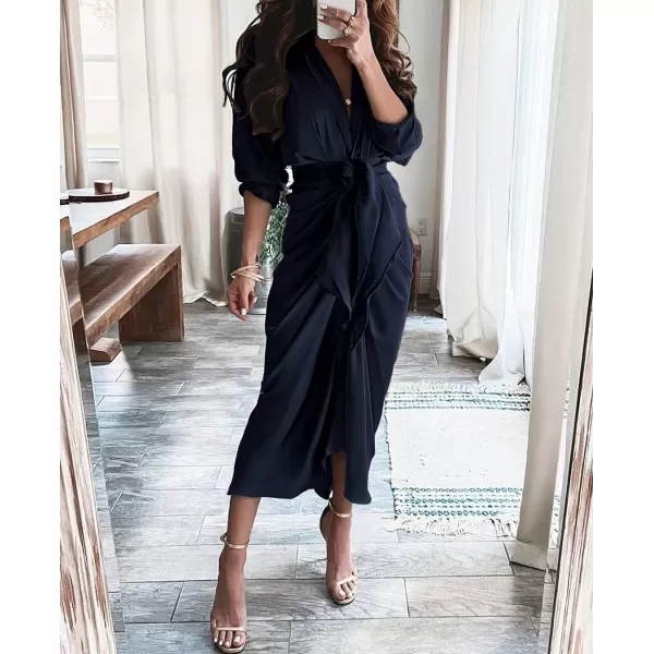 BTFBM Women Long Sleeve Satin Dress 2024 Summer Fall Lapel V Neck Button Down Belted Elegant Ruched Maxi Shirt DressesNavy