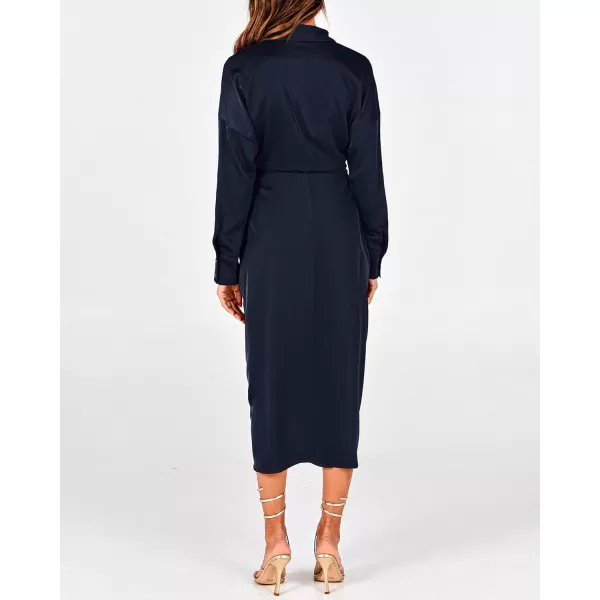 BTFBM Women Long Sleeve Satin Dress 2024 Summer Fall Lapel V Neck Button Down Belted Elegant Ruched Maxi Shirt DressesNavy