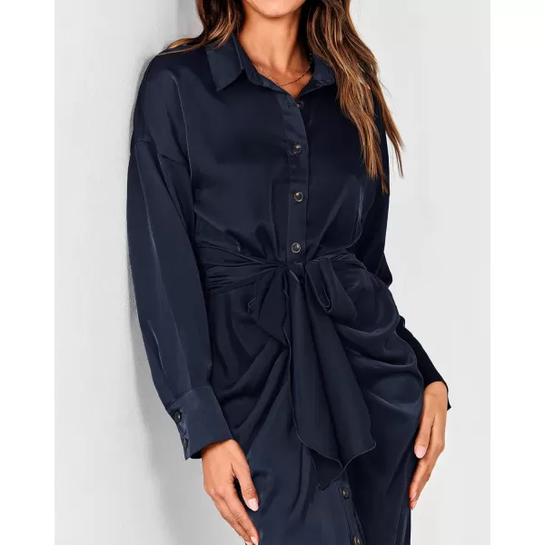 BTFBM Women Long Sleeve Satin Dress 2024 Summer Fall Lapel V Neck Button Down Belted Elegant Ruched Maxi Shirt DressesNavy