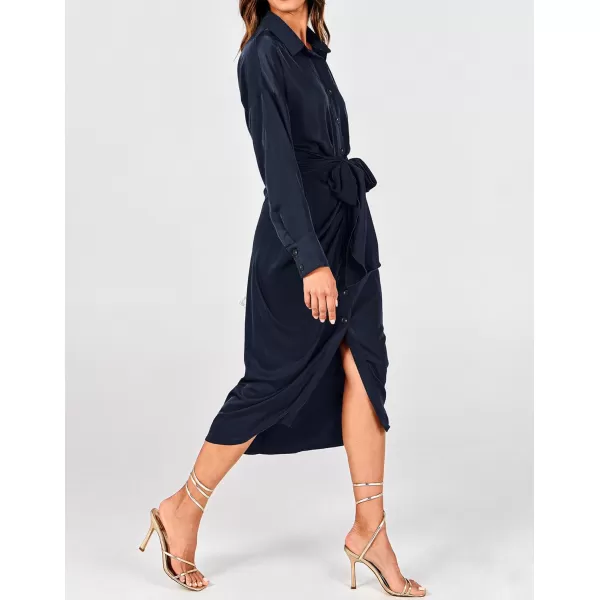 BTFBM Women Long Sleeve Satin Dress 2024 Summer Fall Lapel V Neck Button Down Belted Elegant Ruched Maxi Shirt DressesNavy